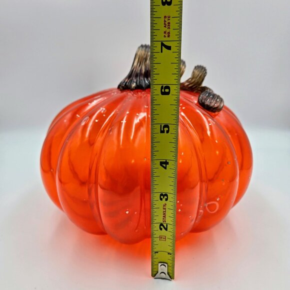 Hand Blown Art Glass Pumpkin Orange Gold Flecks Stem Halloween Fall Decoration - Picture 2 of 10